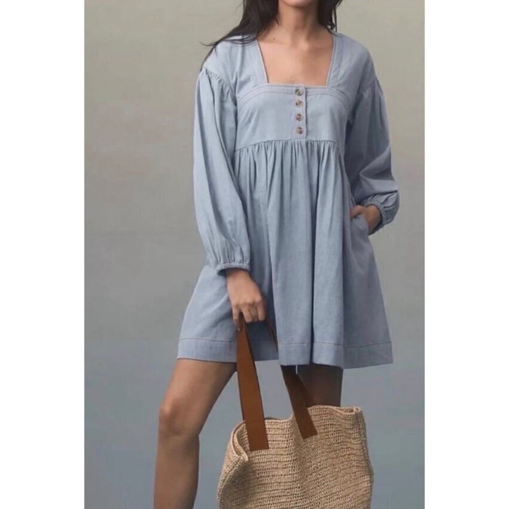 Pilcro Anthropologie XXSP Chambray Babydoll Mini Dress Square Neck Cottagecore
